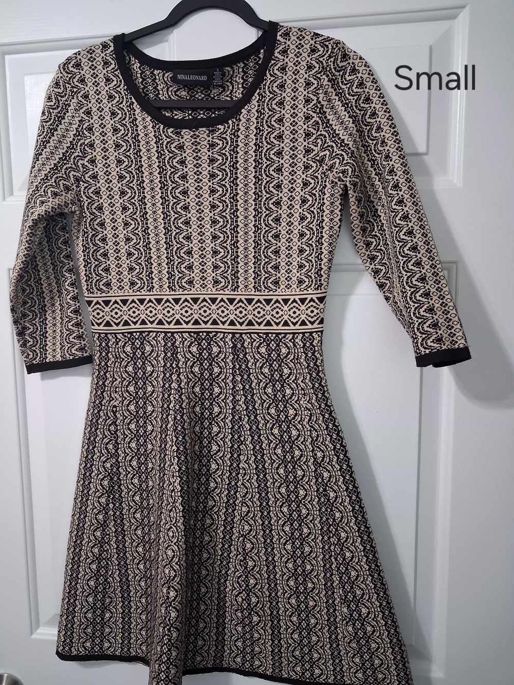 NINALEONARD  Black & Cream Patterned Fit-and-Flare Dress